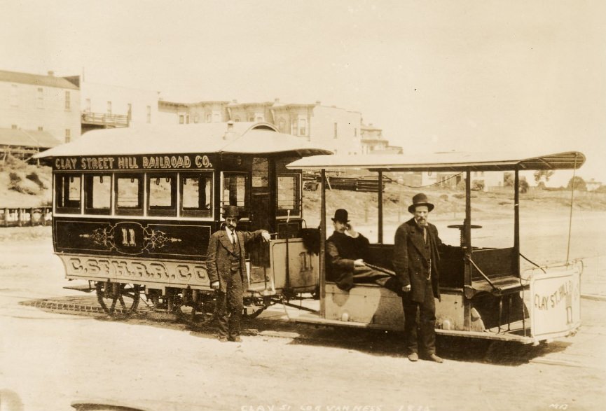 Clay Street Hill Railway, 1875, with cable car at Van Ness Avenue
