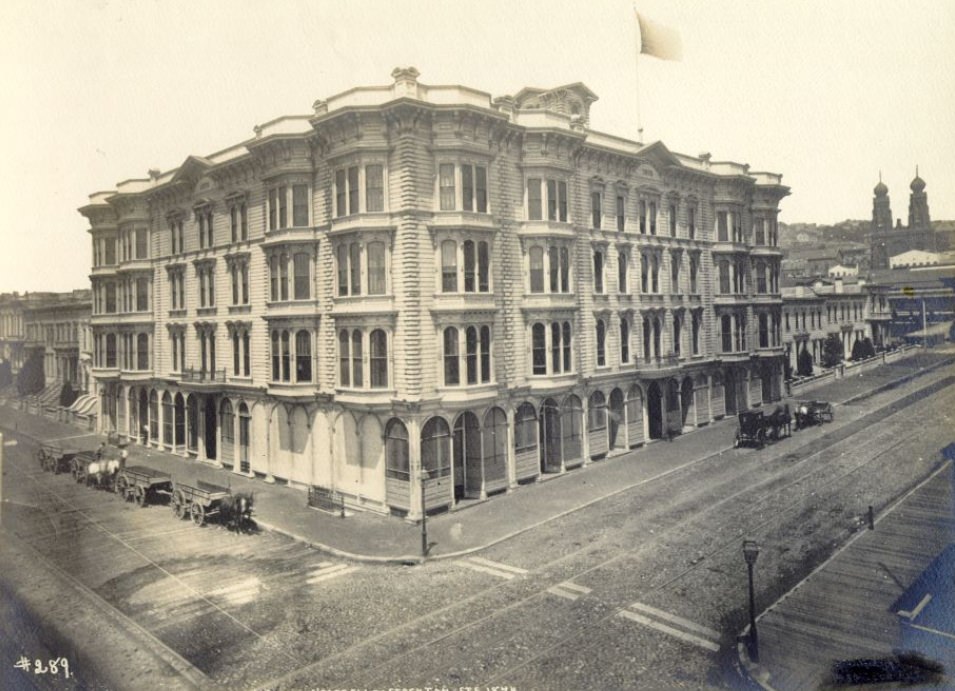 O'Farrell Street, corner of Stockton, 1874