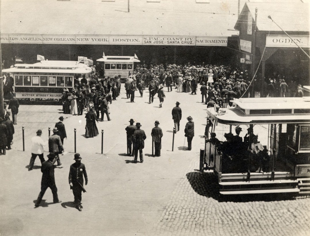 Crowd of people in front of the Ferry Building, 1880s