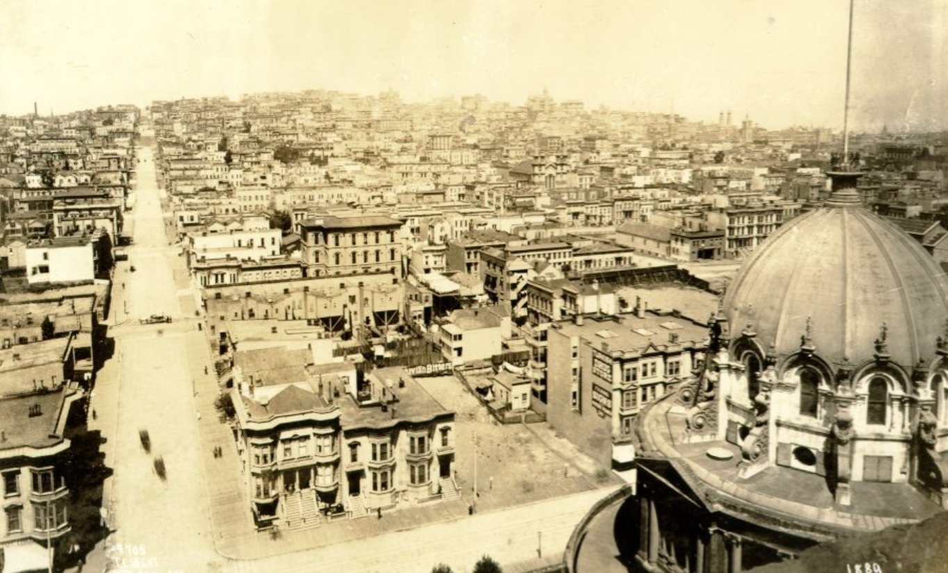 Birdseye view of San Francisco towards Nob Hill from the roof of new City Hall, 1889