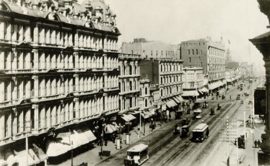 Market Street, east of Powell with Baldwin Hotel, 1886