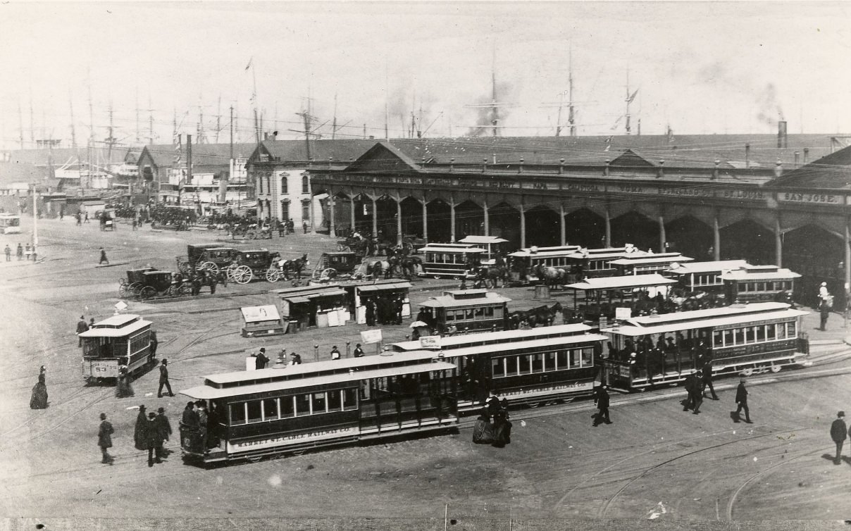 Cable cars and horse cars in front of the Ferry Building, 1880
