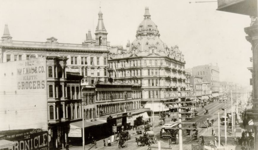 Market Street, east of Fifth with Baldwin Hotel, 1886