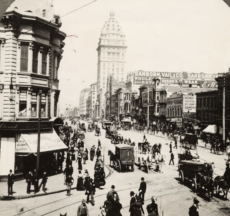 Market Street from Stockton in the 1890s with Claus Spreckels' (Call) Building as the tallest, 1890s