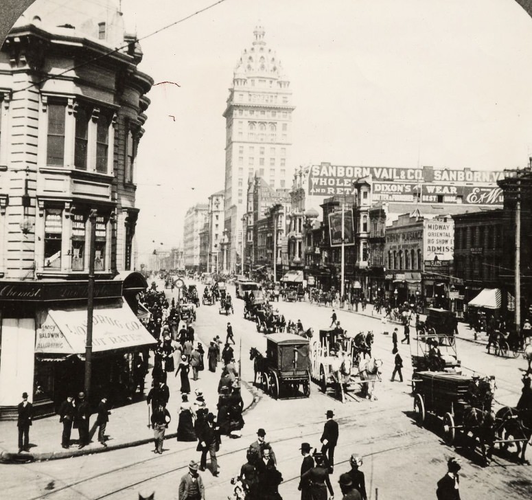 Market Street from Stockton in the 1890s with Claus Spreckels' (Call) Building as the tallest, 1890s