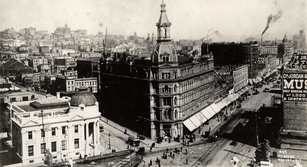 A view of Market Street, showing Nob Hill on the left from Odd Fellows' Hall, 1895