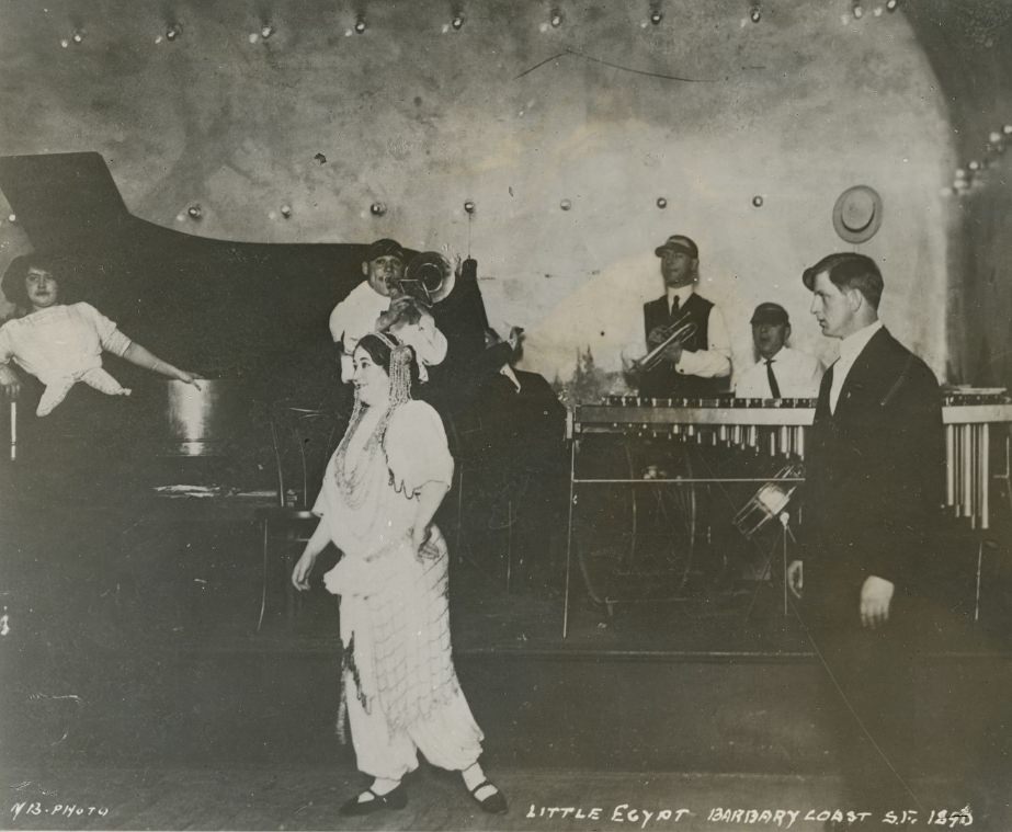 Little Egypt performing, Barbary Coast, circa 1890