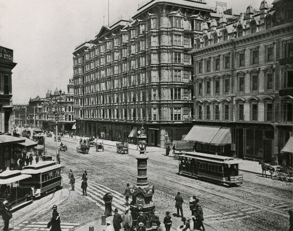 Market Street at the intersection of Kearny and Geary streets with Lotta's Fountain in the foreground, 1890s