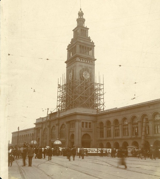 Ferry Building under reconstruction to fix damage sustained in the earthquake and fire of April 18, 1906, 1906