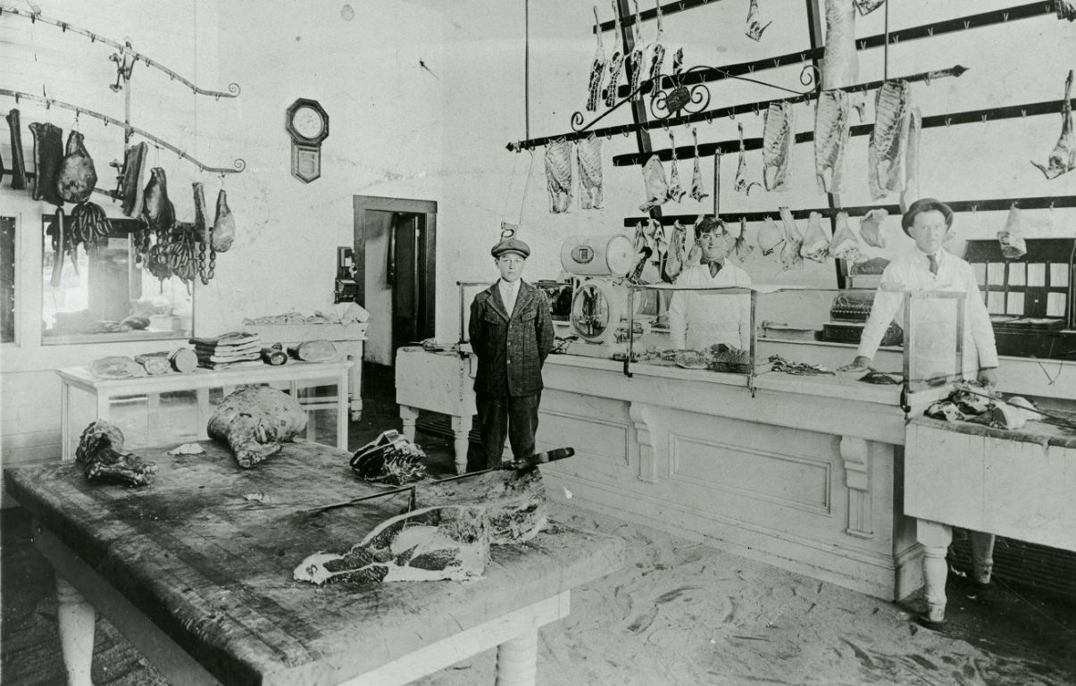 Helen's father-in-law at Ingleside butcher shop, early 1900s