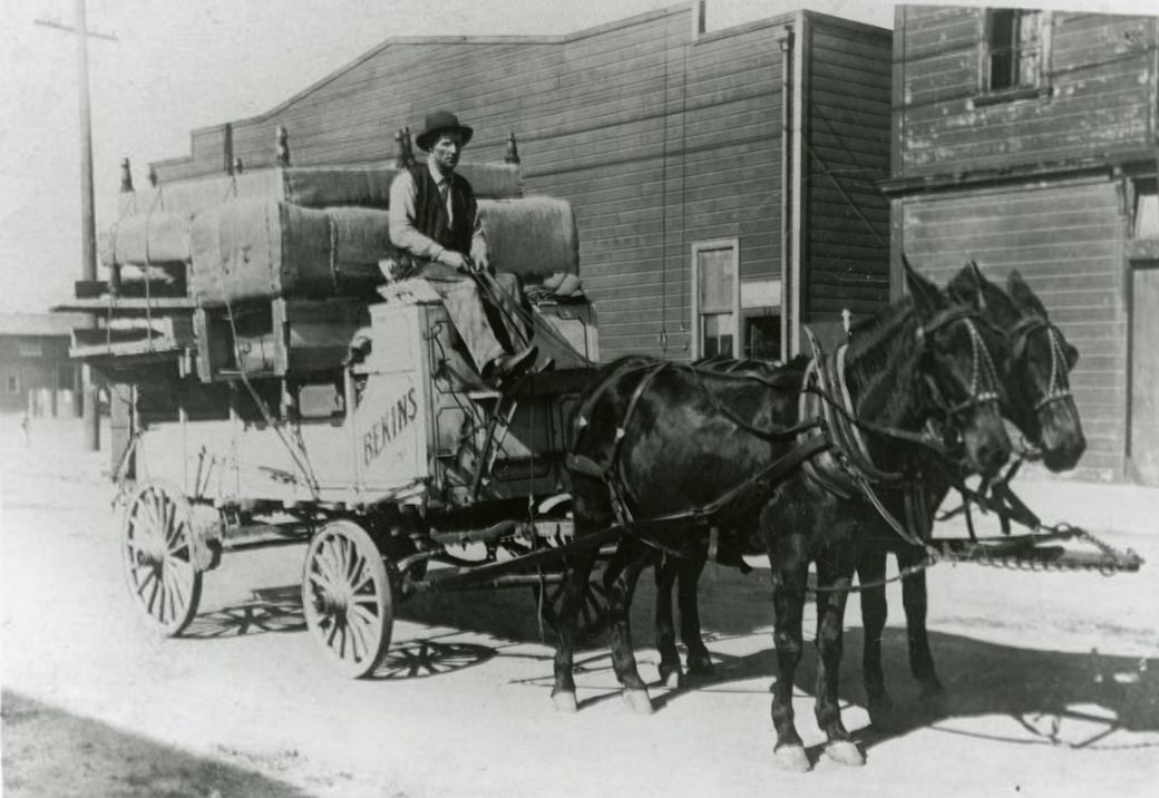 Helen's father driving Bekins Company horse-drawn carriage, early 1900s