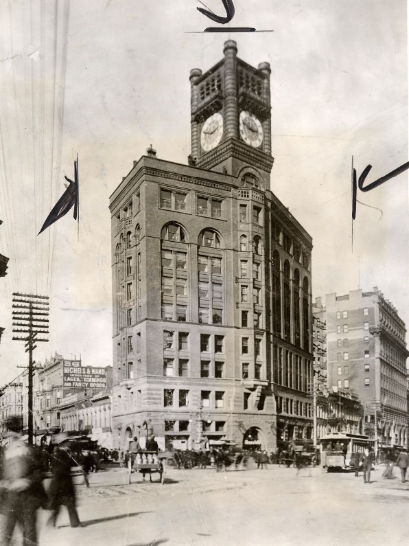 De Young Building at Market, Geary, and Kearny streets, 1906