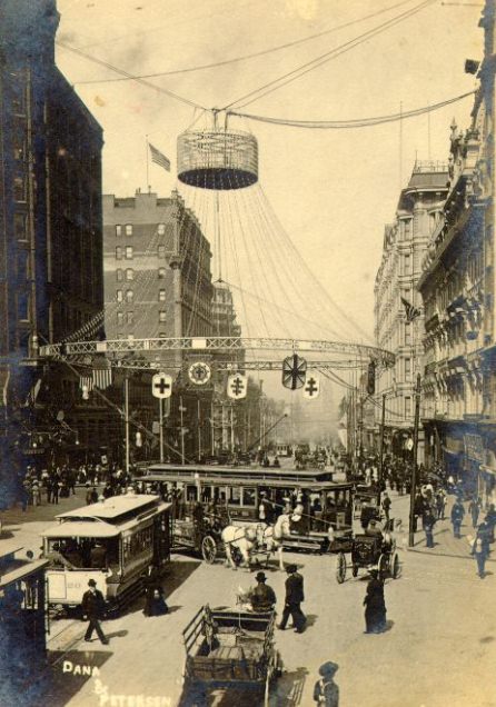 Knights Templar decorations at Market, Kearny, Geary, and Third streets, September 1904