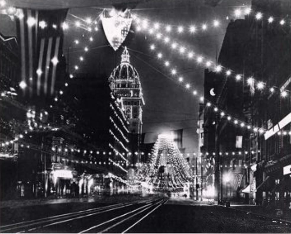 Nighttime decorations on Market Street, 1901