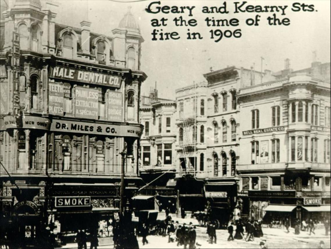 Geary and Kearny Streets at the time of the fire in 1906