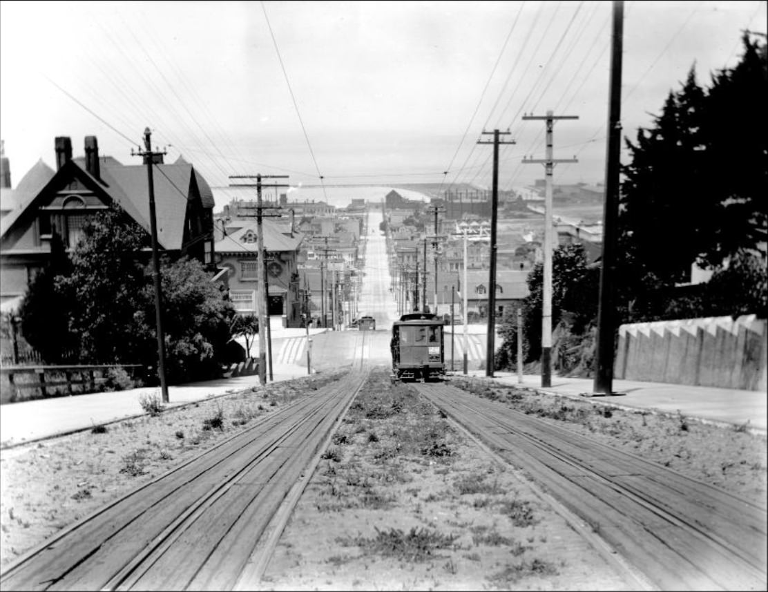 Cable car going downhill on Fillmore Street, possibly 1905