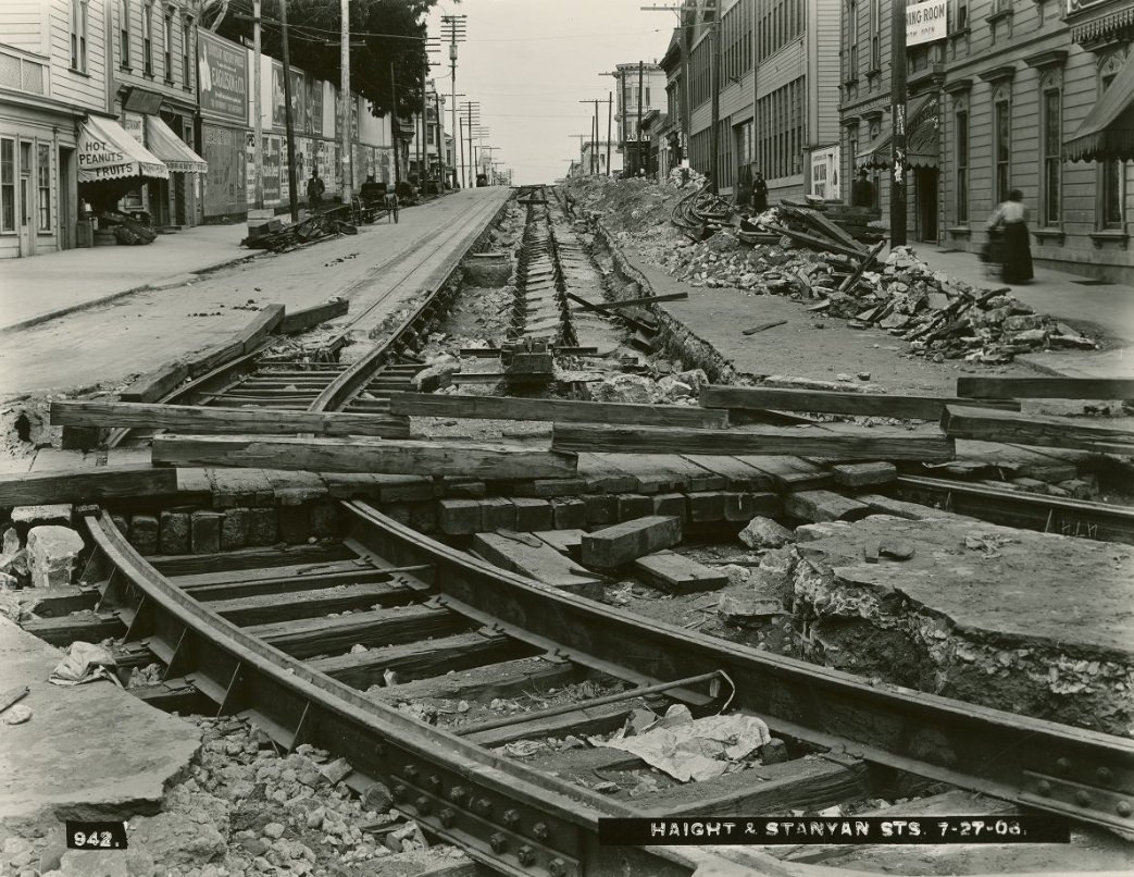 Track reconstruction at Haight and Stanyan streets, July 27, 1906