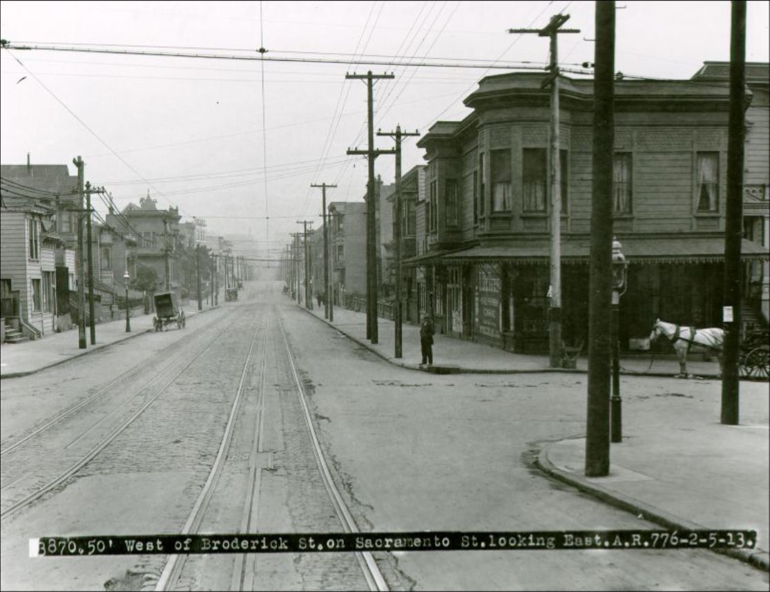 West of Broderick Street on Sacramento Street looking East, 1909