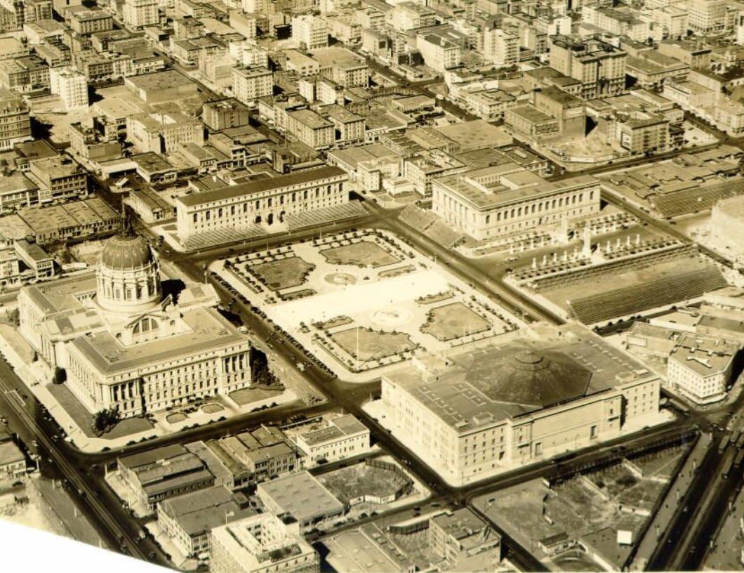 Aerial view of Civic Center in the 1920s