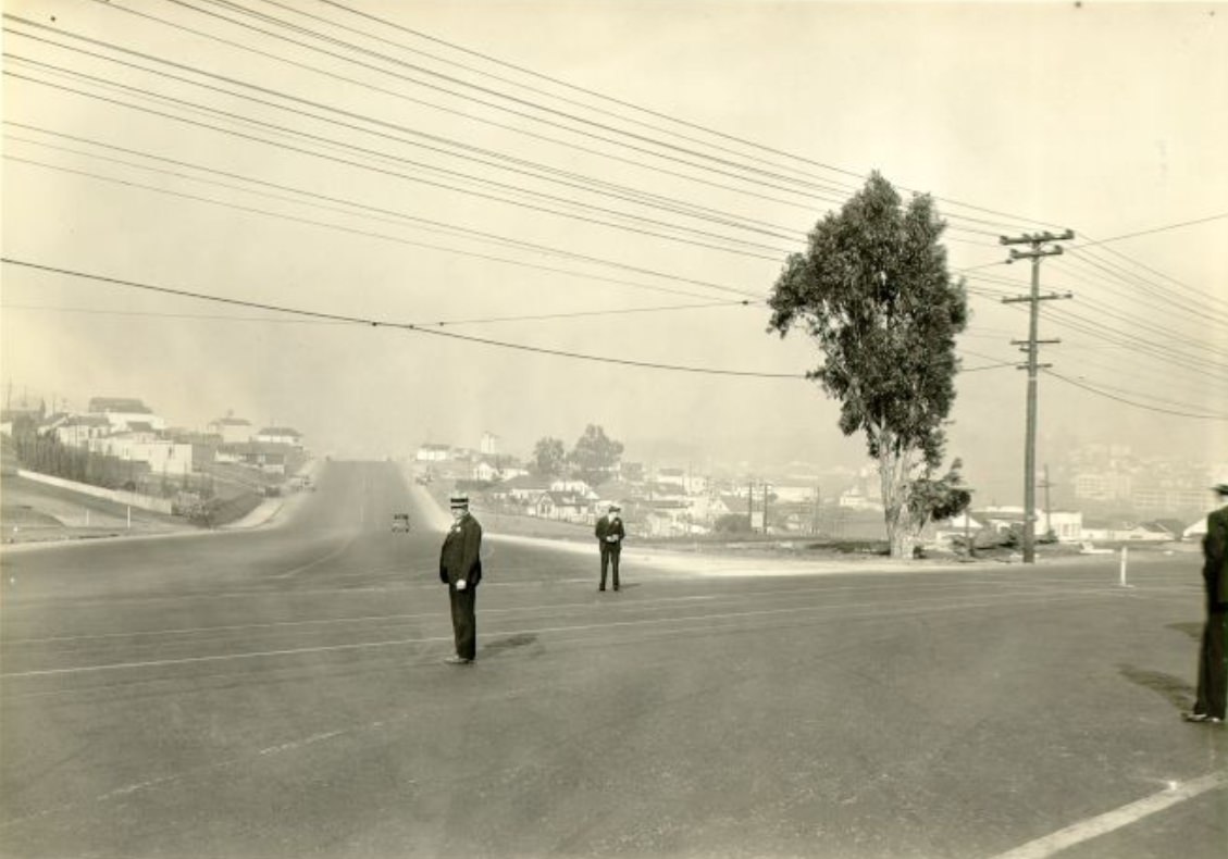 Men at the intersection of Third and Bayshore Streets, 1929