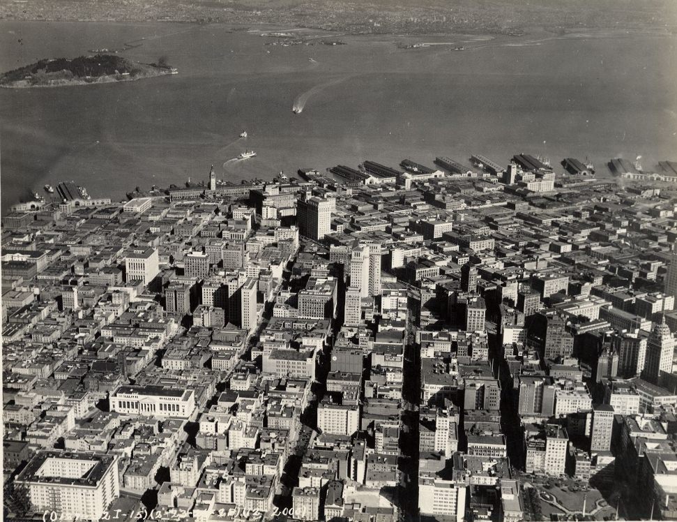Aerial view of downtown San Francisco and waterfront, circa 1926