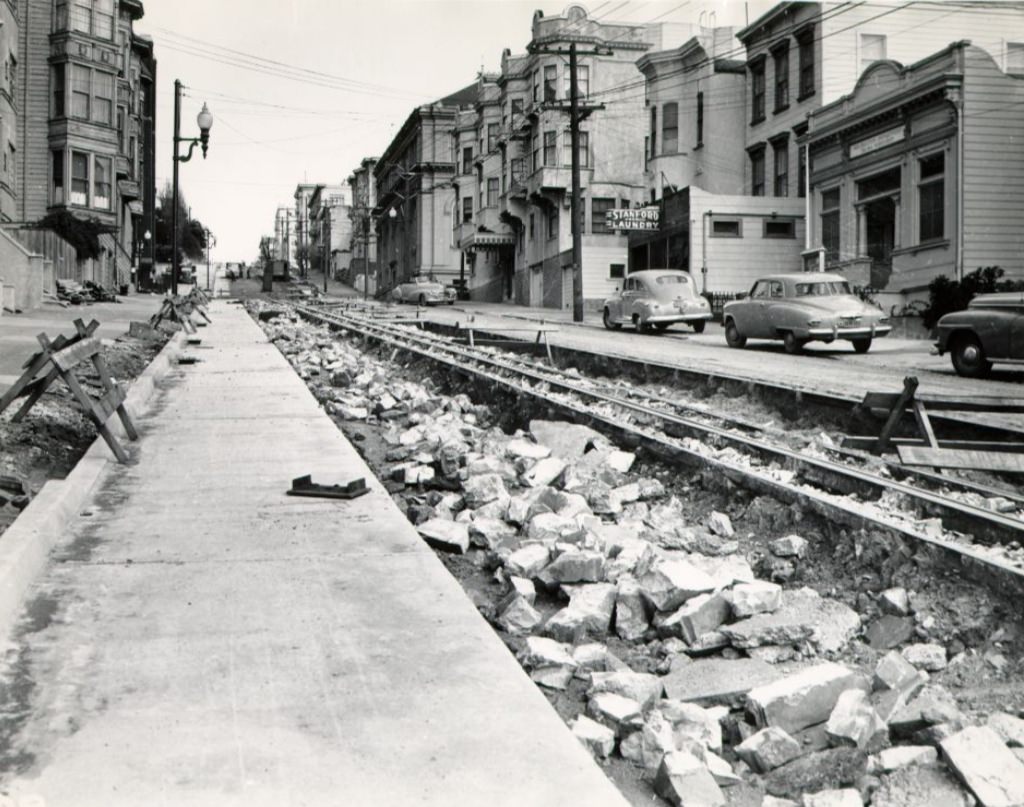 Cable car construction on Sacramento Street, 1949