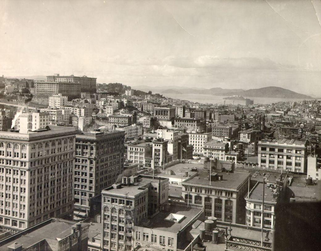 Downtown San Francisco northwest view with Alcatraz in distance in the 1920s