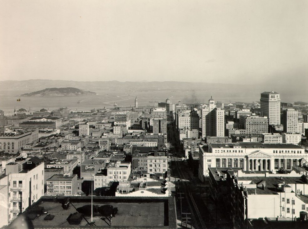 Downtown San Francisco with Yerba Buena Island and bay in the 1920s