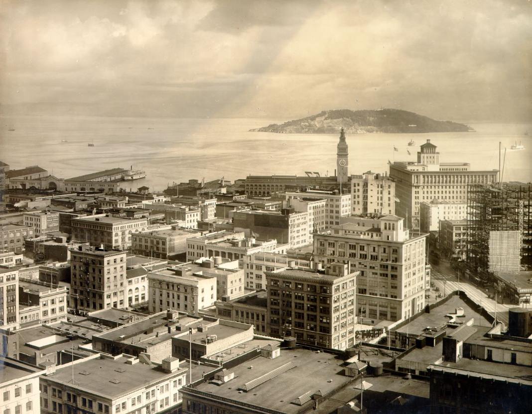 Downtown San Francisco view with Yerba Buena Island and bay in the 1920s