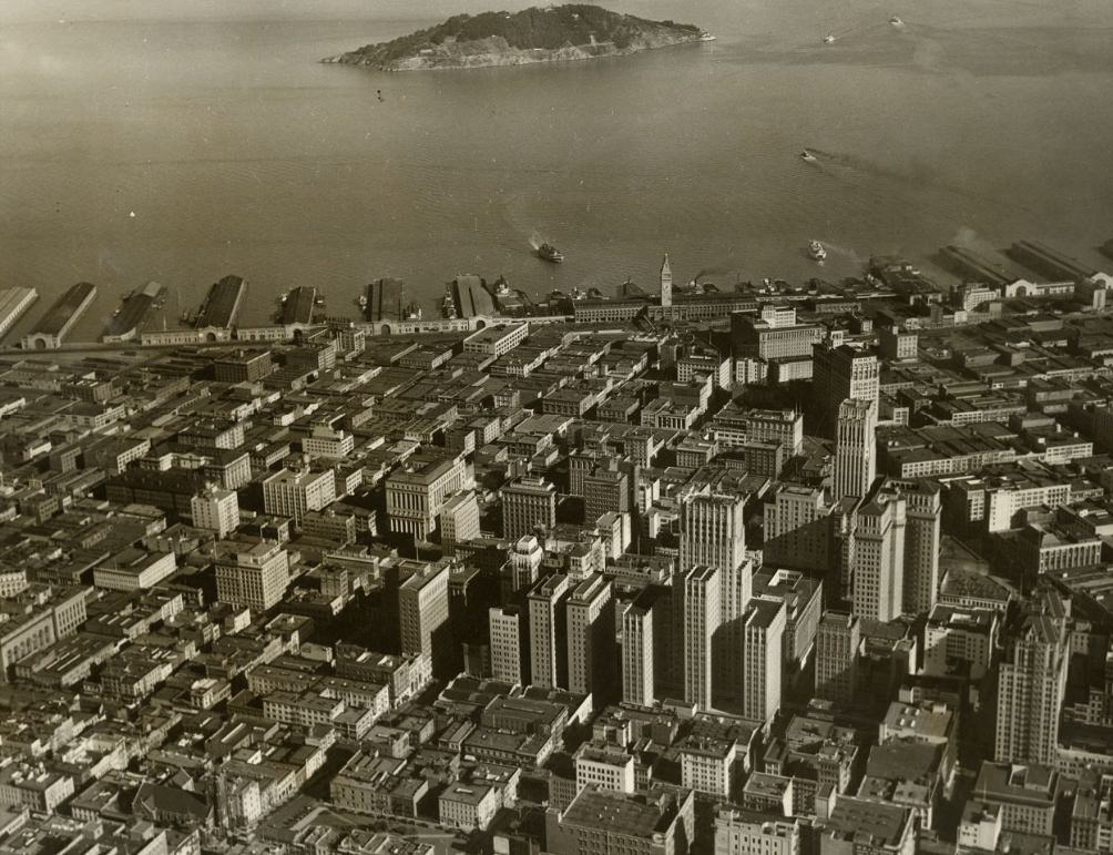 Aerial view of the city and Bay with Yerba Buena Island in the background, 1933