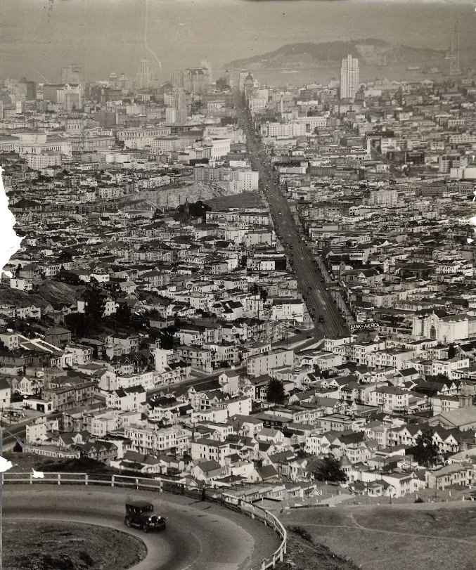 View from Twin Peaks looking down Market Street, 1934