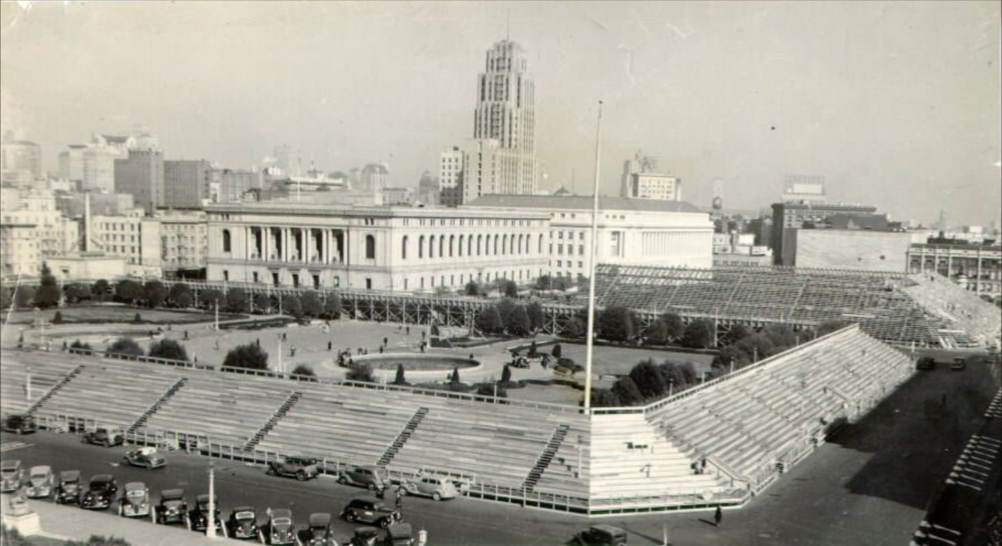Grandstands surround Civic Center, 1936