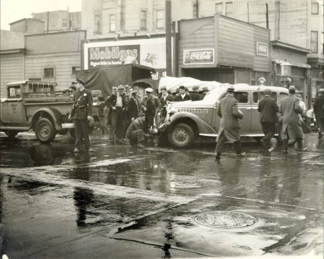 Scene of automobile accident at Third and Harrison streets, 1936
