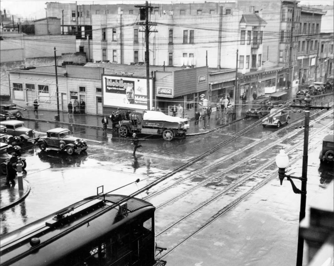 Scene of automobile accident at Third and Harrison streets, 1936