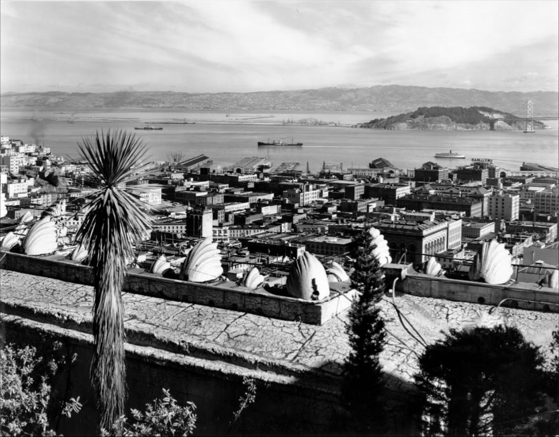 View of the waterfront and the bay with Yerba Buena Island in the distance, 1937