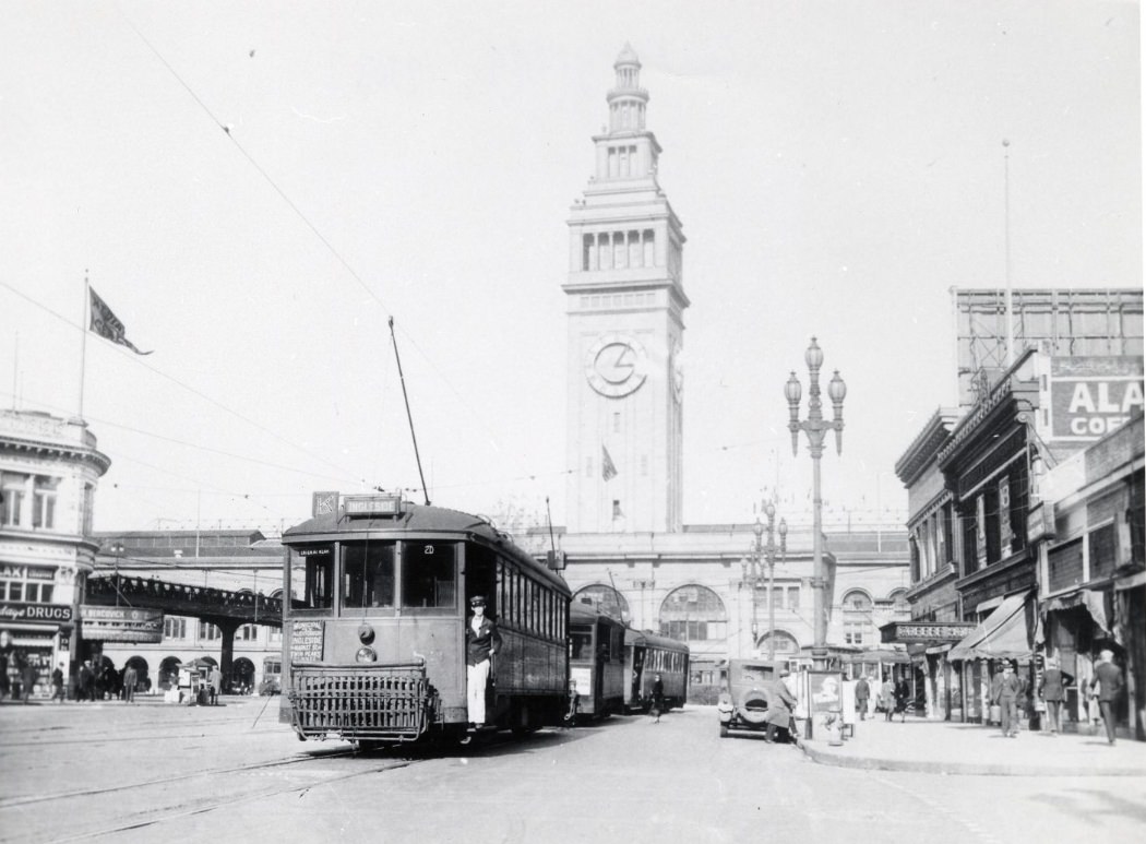 K Ingleside streetcar in front of the Ferry Building in the 1930s
