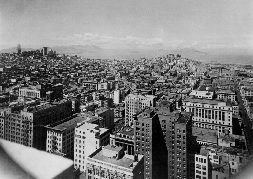 View of San Francisco, including bay and hills, around 1931
