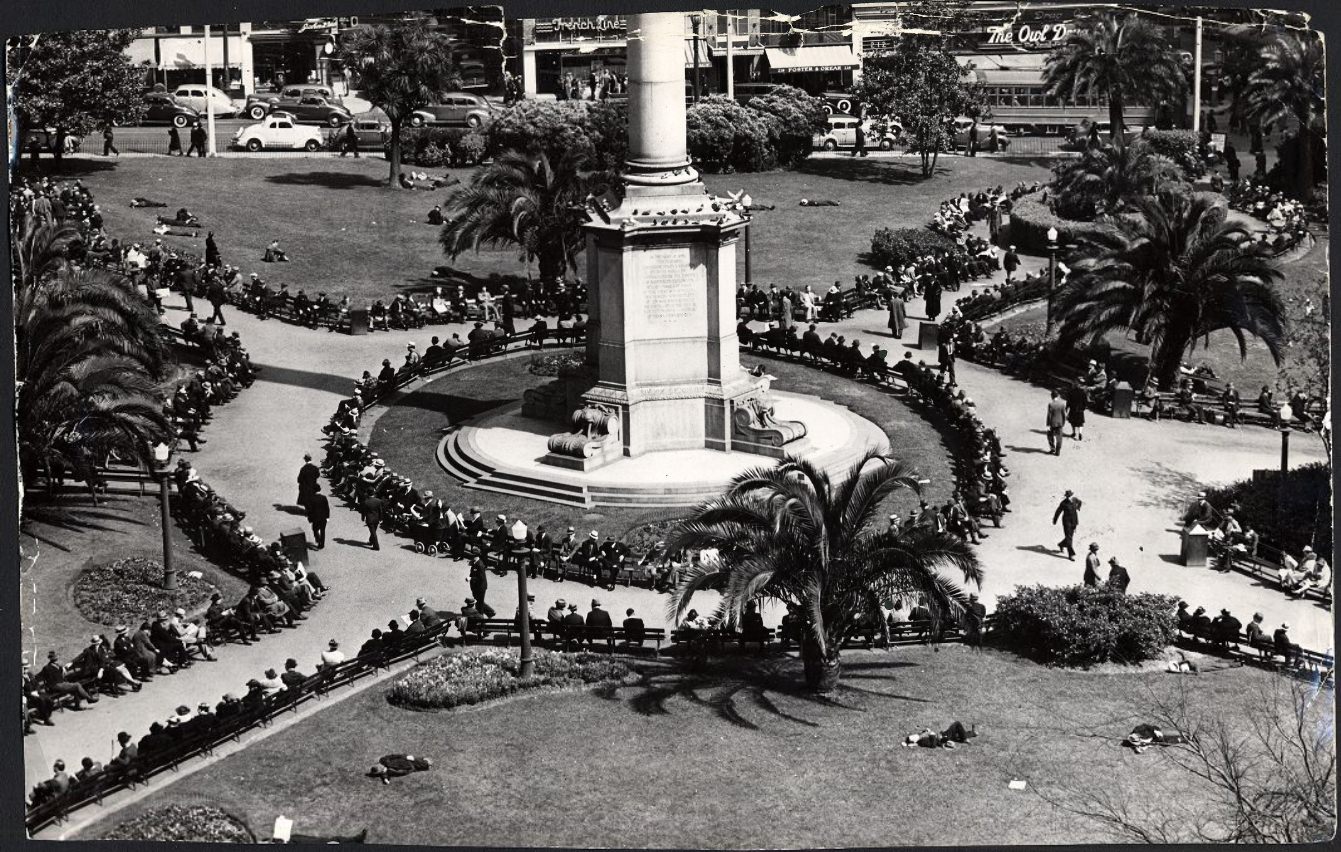 Benches filled up with people in Union Square Park, 1938