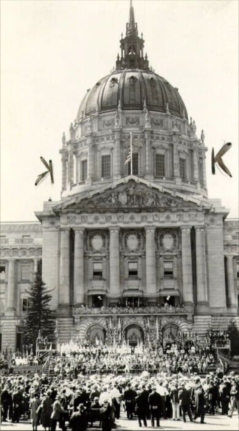 Crowd of people gathering in front of City Hall for Constitution Day Exercises, 1935