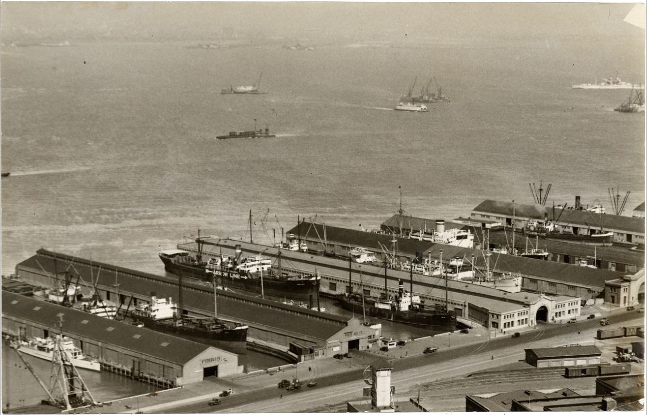 View of piers 11 through 19 and the Bay, 1934