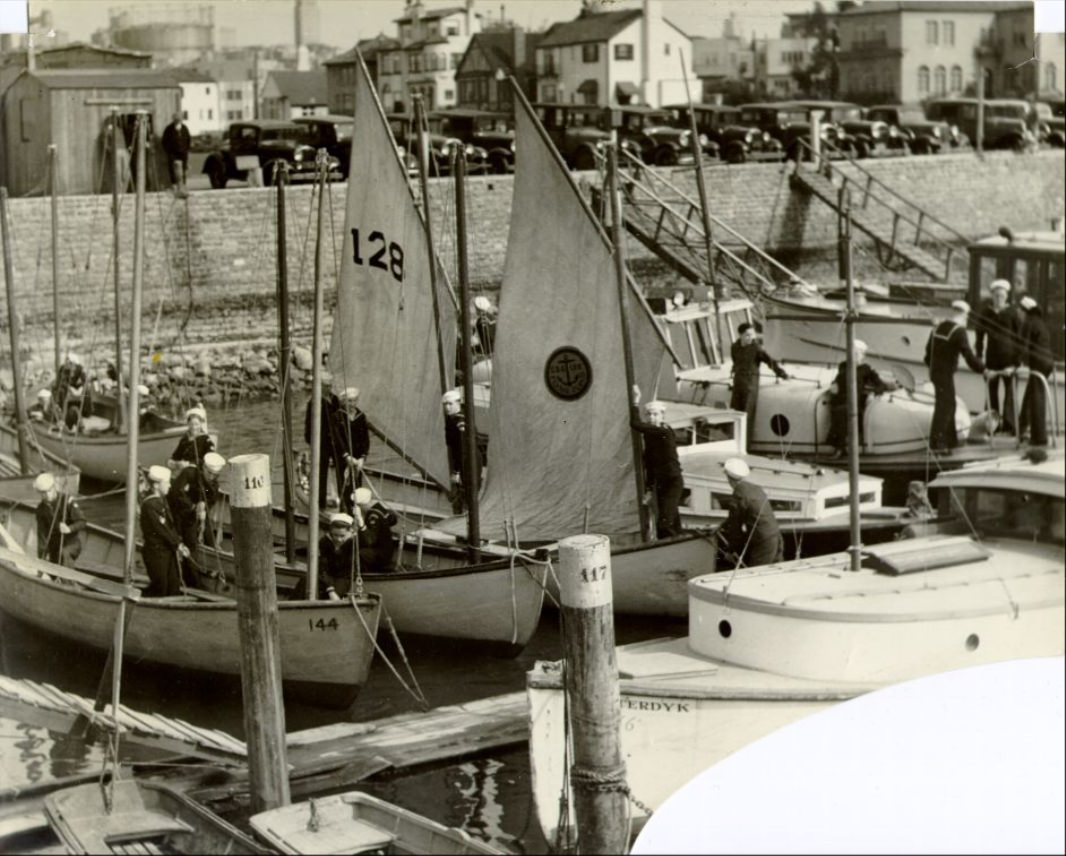 Sailors hanging out in the Marina's Yacht Harbor, 1935