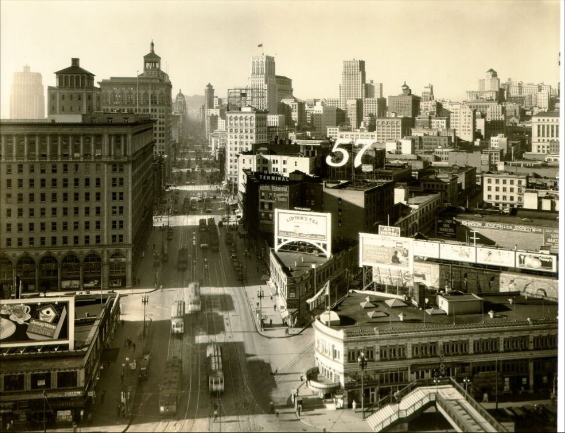 View of Market Street facing west from the Ferry Building in the 1930s