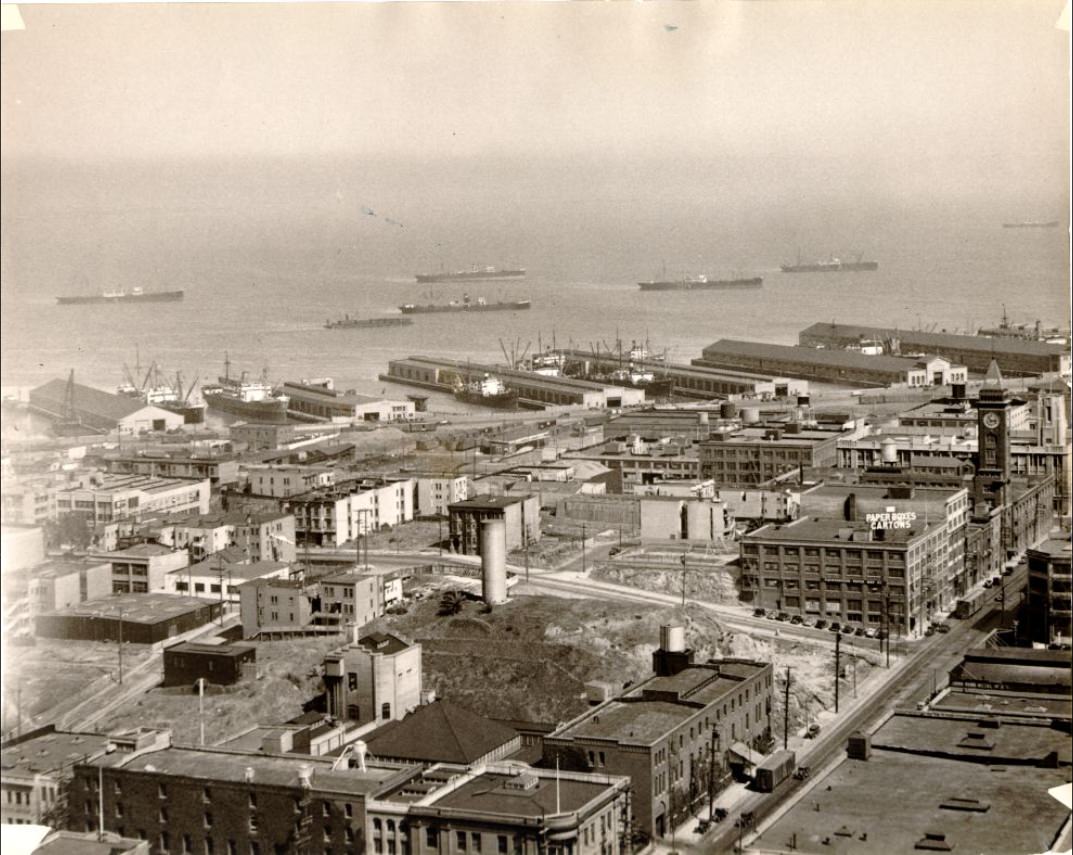 View of the waterfront looking out towards the Bay, 1934