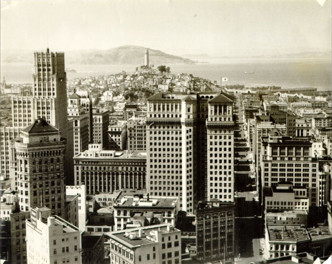 View of downtown San Francisco with Telegraph Hill and bay in the background in the 1930s
