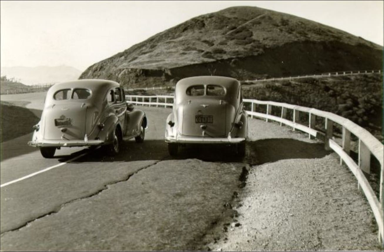 Two cars on a Twin Peaks road, 1939