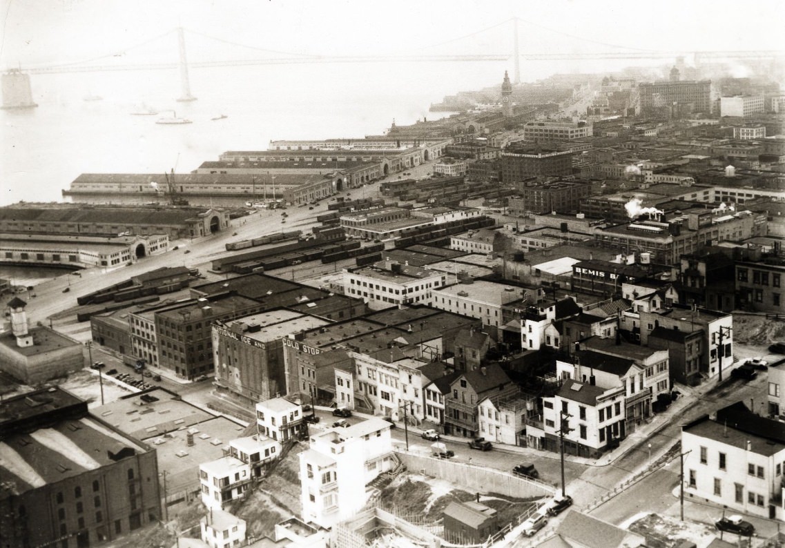 The Embarcadero and the Bay Bridge viewed from Coit Tower, 1936