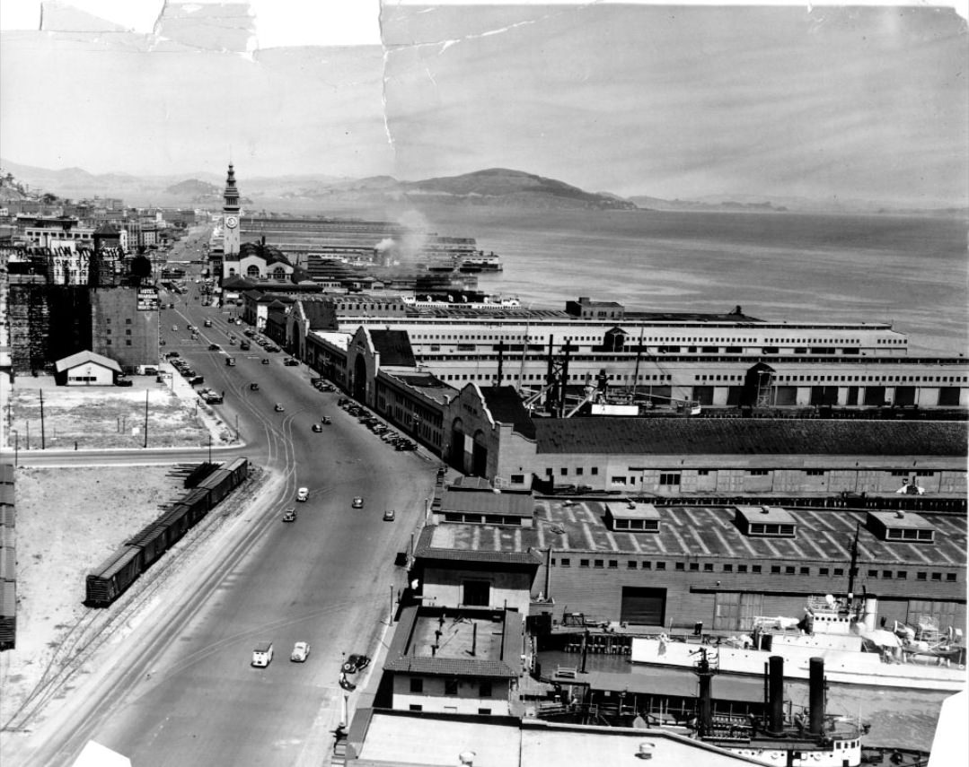 View of the waterfront looking north from the Bay Bridge, 1939