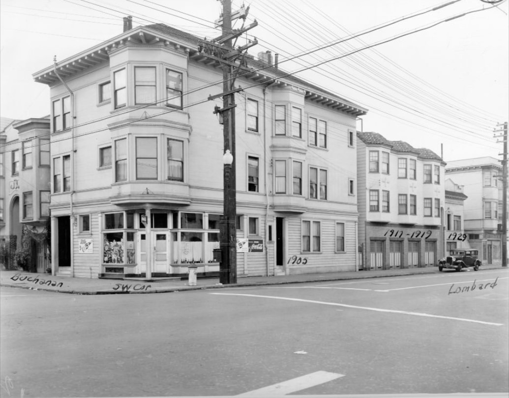 Southwest corner of Lombard and Buchanan streets, 1939