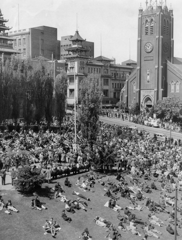 Crowd outside St. Mary's Church for Good Friday services, 1944