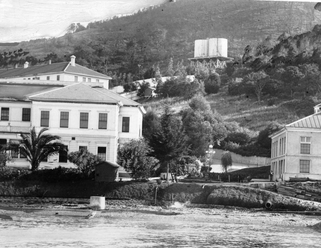 Angel Island shoreline and buildings, 1940s